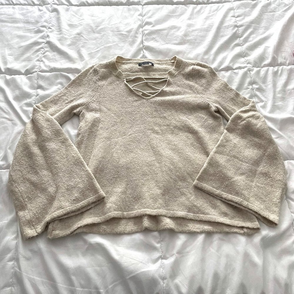American Eagle Cream Strappy Neckline Sweater with Bell Sleeves